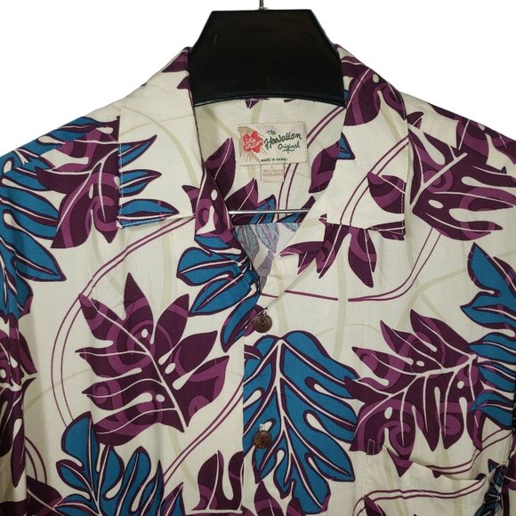 Hilo Haitti Button Up Hawaiian Shirt Cream Purple Blue Palm Tree Leaves Tropical - Picture 2 of 4